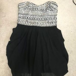 Black cocktail dress rhinestones embellished party ruffle